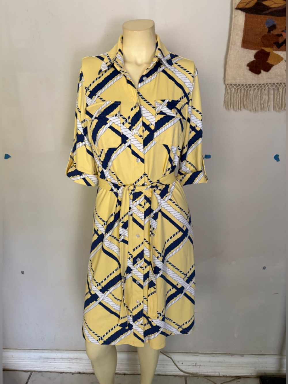 J. McLaughlin Yellow Navy Geometric Midi Shirt Dress Size Small